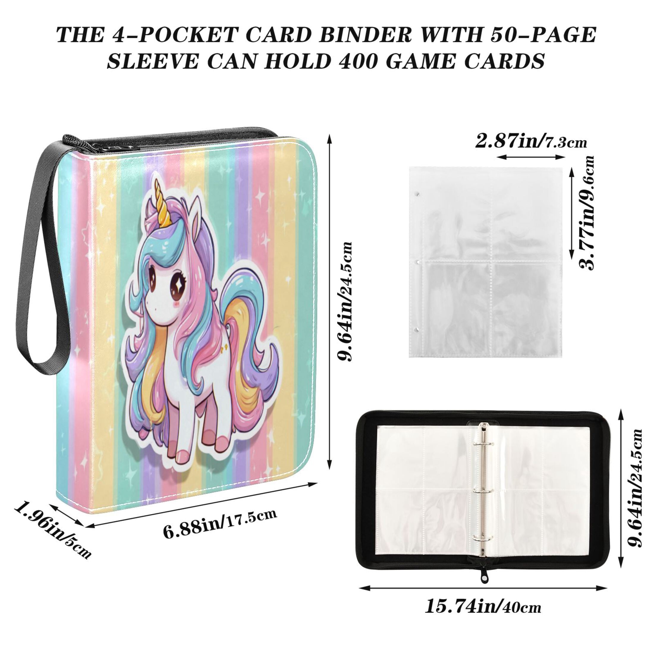 4 Pocket Trading Card Binder, 50 Pages Sleeves Holds 400 Cards, Card Collection Album Holder for Game Cards, Sports Cards, TCG Storage Cute Cartoon Unicorn