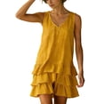 thumbnail image 6 of Women's Cotton Linen V Neck Sleeveless Mini Dress Babydoll Summer Cute Layered Ruffle Swing Tank Dress, 6 of 7