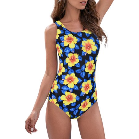 American Trends Vintage One Piece Swimsuit - Tummy Control, Push Up, Halter Neck, Blue Red Print, Sizes 4-6