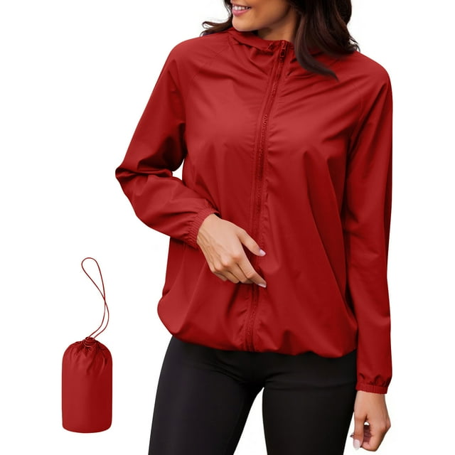 Floleo Manteau de Pluie pour Femme Imperméable Léger et Compact avec Capuchon pour Golf Randonnée Voyage Coupe-Vent Hauts avec Poches (Rouge, P)