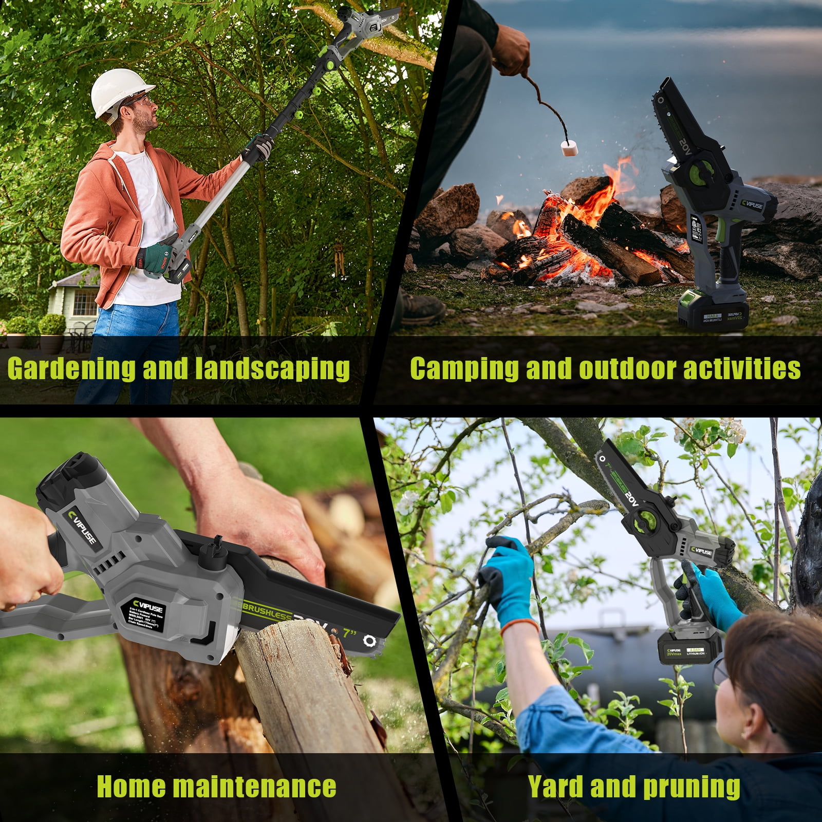 Vipuse 2-in-1 Cordless Pole Saw with Two 4.0Ah Rechargeable Batteries and 2.0Ah Fast Charger,16 FT Max Extension,7 Inch Mini Brushless Chainsaws for Tree Trimming