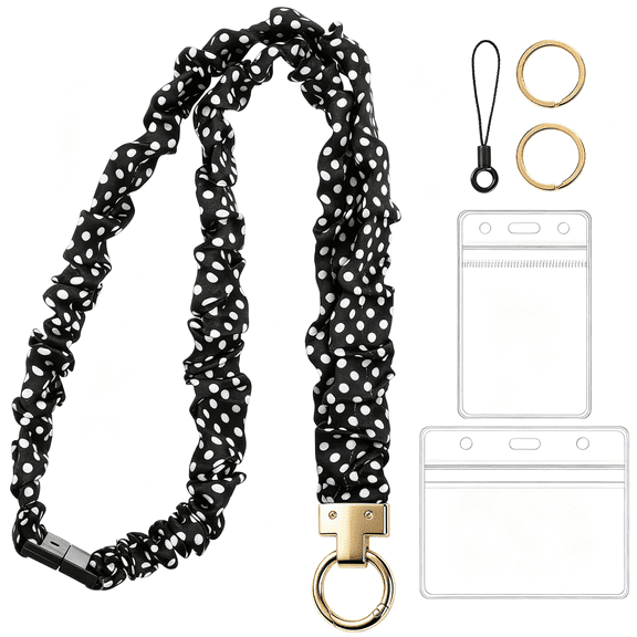 MISSMILE Breakaway Scrunchie Lanyard for Id Badges and Keys Lightweight Stretch Teacher Lanyard Design with Clasp for Teachers and Students,Hospital Staff,And Appreciation Gifts (Black Polka Dot)