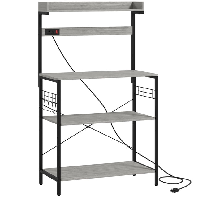 Distressed Grey Kitchen Baker's Rack with Power Outlet & Adjustable Shelves – Coffee Bar Station for Living Room, Dining & Entryway Storage (53.9" H)