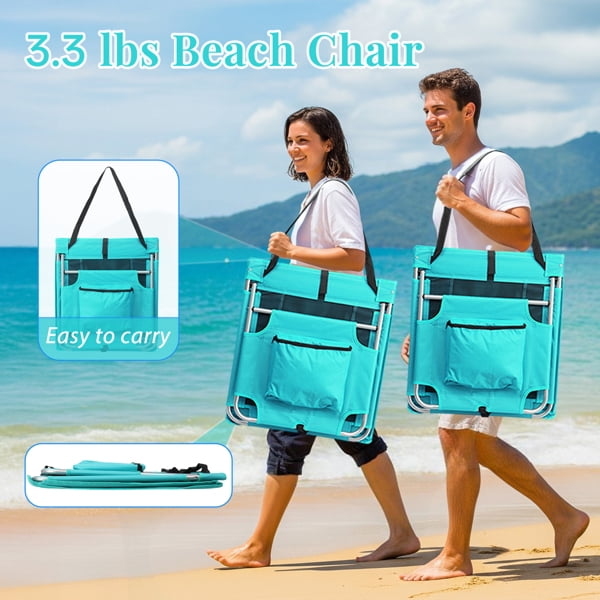 Foldable Beach Lounger, Lightweight Beach Mat Lounge Chair with Breathable Mesh Back, Cooler Pocket for Tanning Relaxing, Mint Green