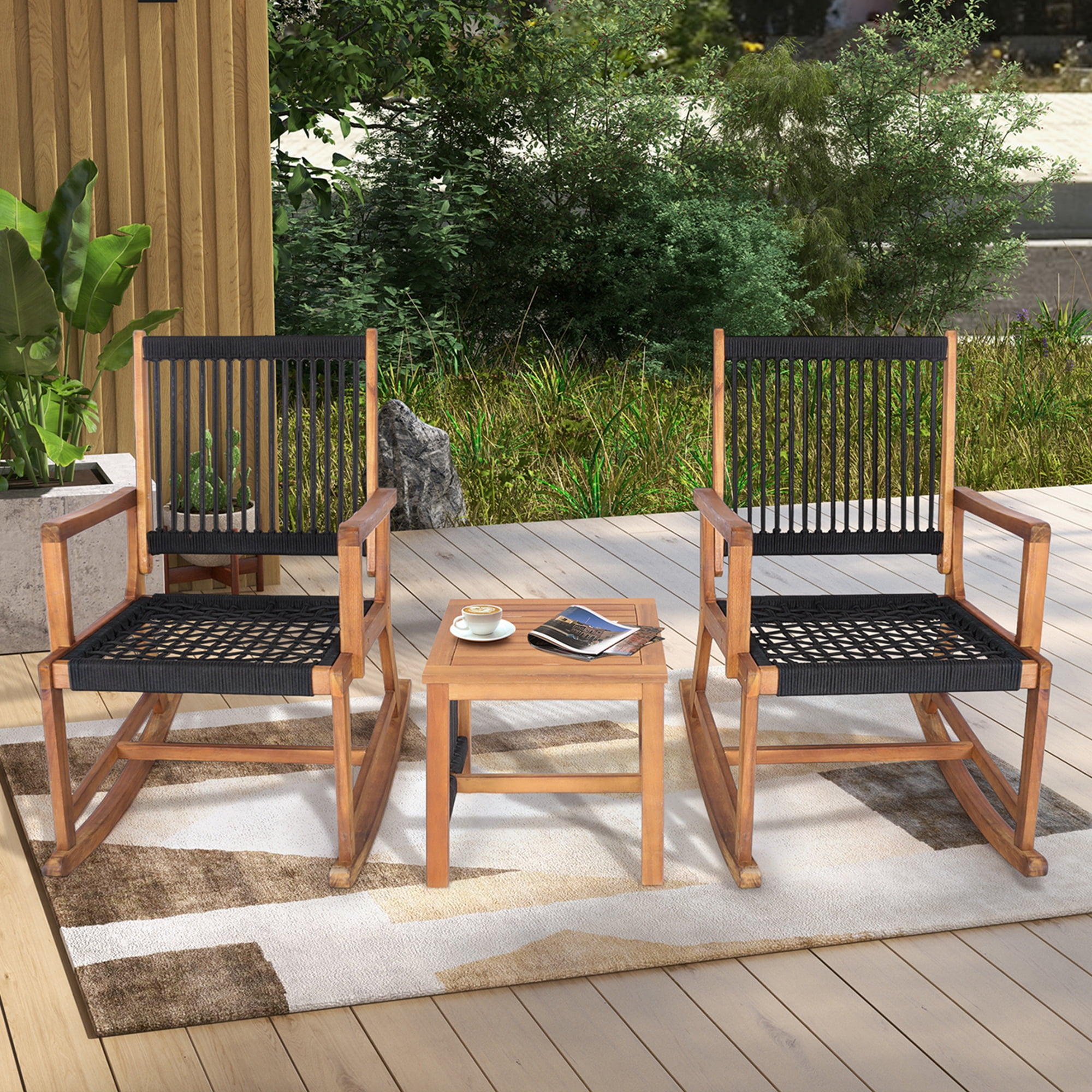 Costway 3pcs Patio Acacia Wood Bistro Table Rocking Chair Set All Weather Rope Outdoor