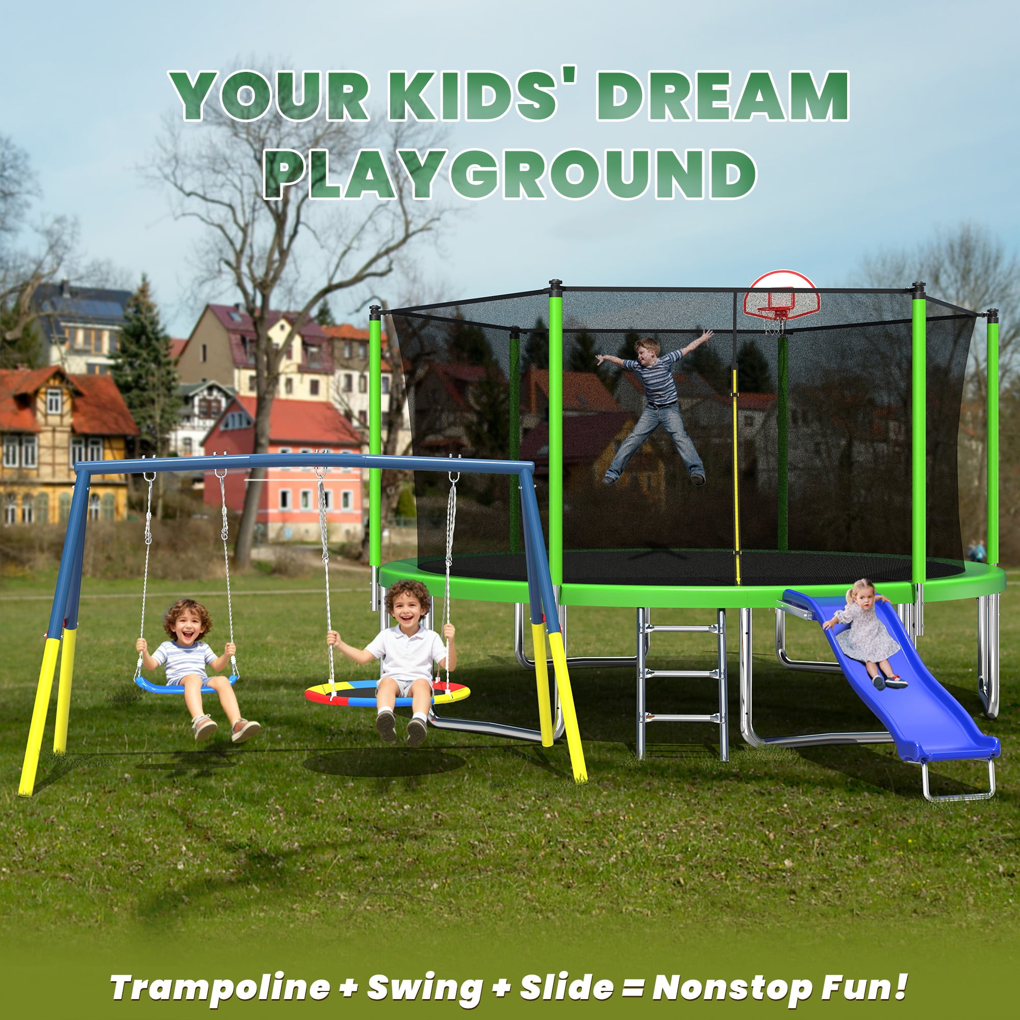 Mersco 14FT Heavy Duty Trampoline with Enclosure Net , Swing Set Outdoor Big Trampoline for Backyard,Kids Trampoline with Basketball Hoop,Birthday and Holiday Gifts for Kids,Blue