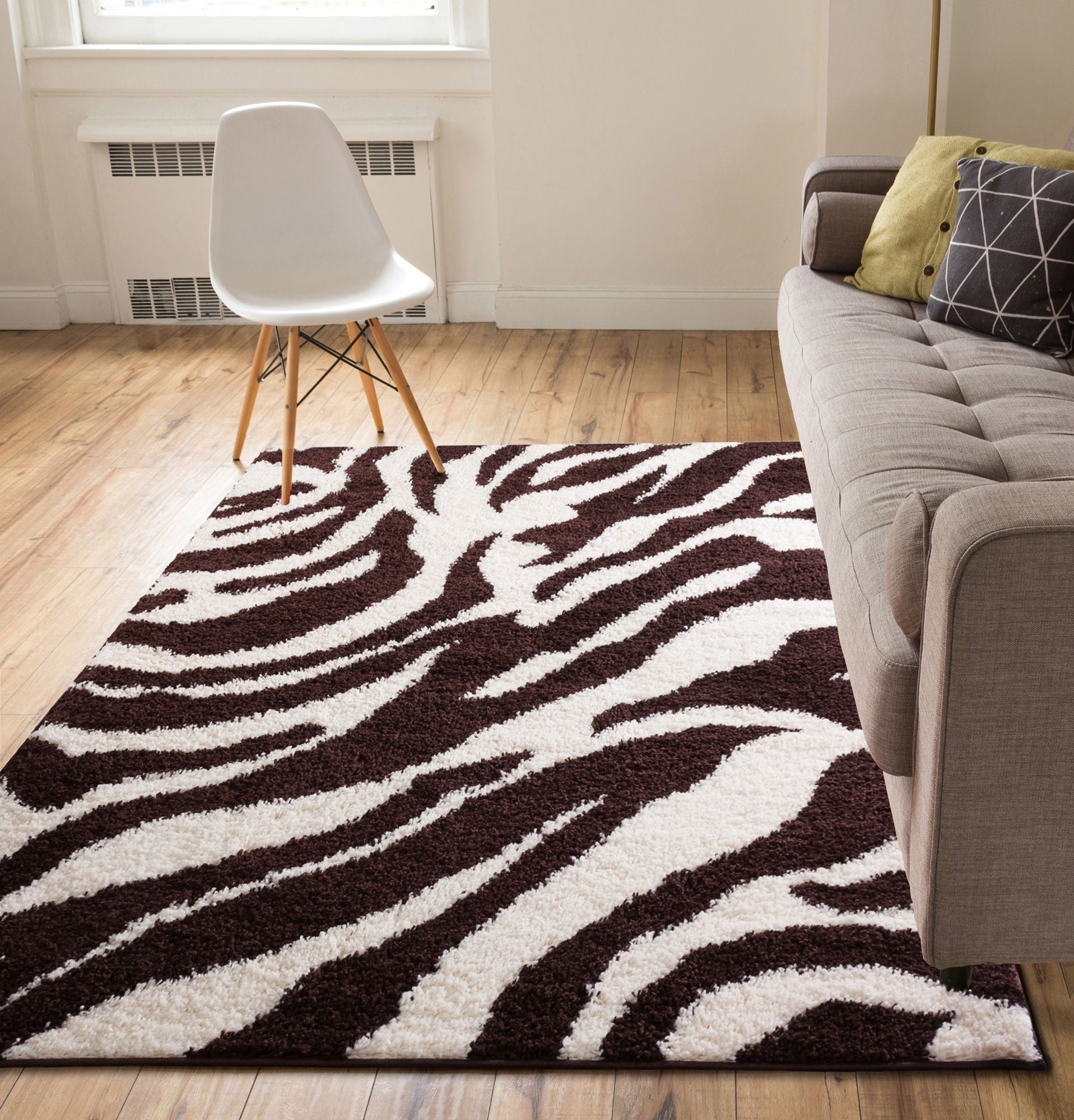 Modern Animal Print 5x7 ( 5' x 7'2'' ) Area Rug Shag Zebra Brown Ivory  Plush Easy Care Thick Soft Plush Living Room