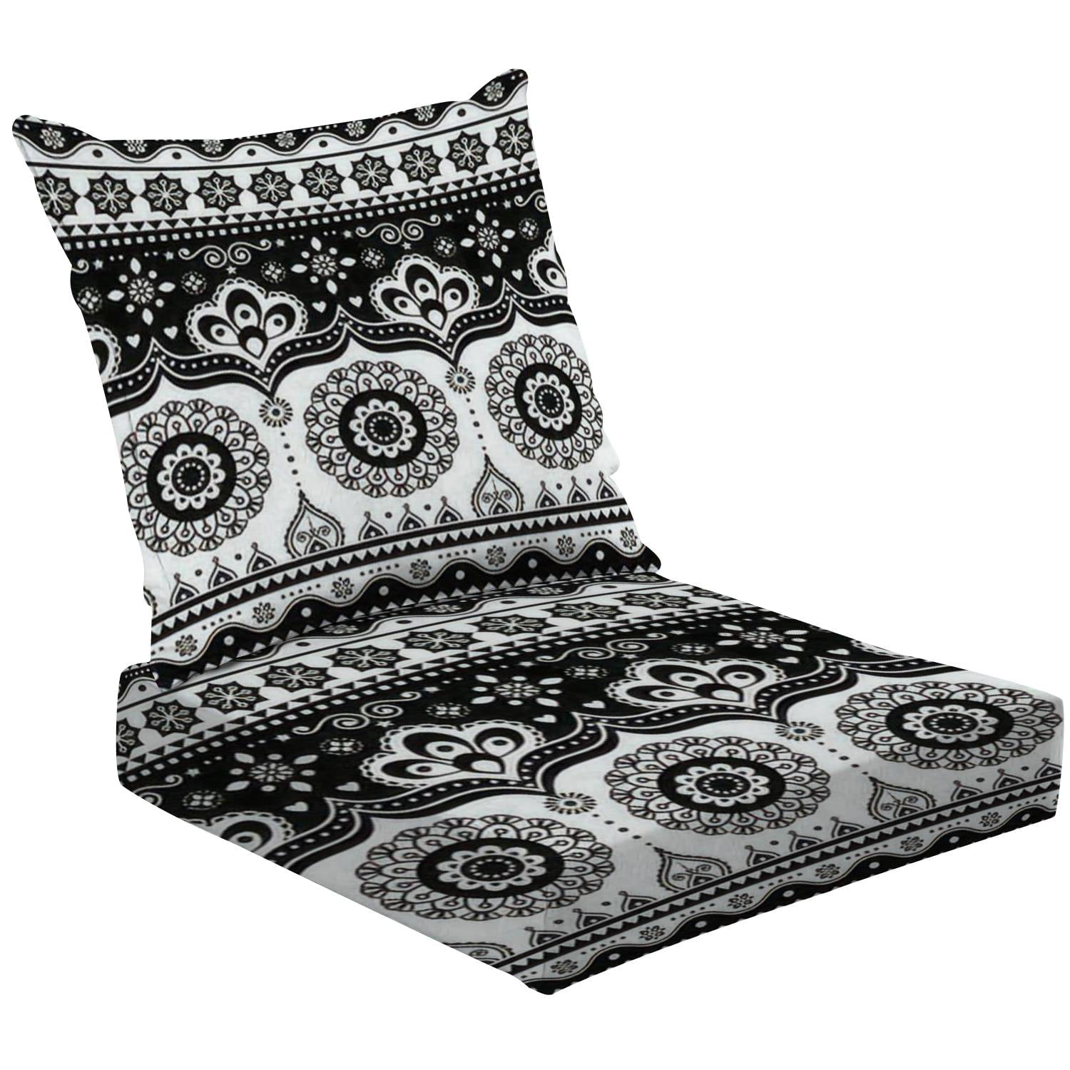 2Piece Deep Seating Cushion Set Pakistani Indian truck art design Jingle trucks seamless black