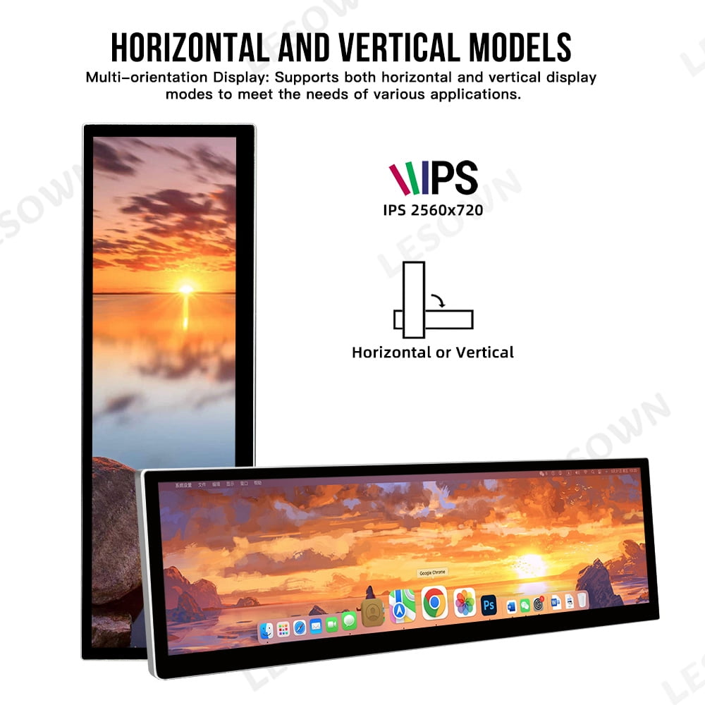 LESOWN 2.5K 14.5-inch Portable Monitor HDMI Dual Type-C Long Strip Touchscreen 2560×720 IPS 10-point Touch Stereo Speakers Laptop Secondary Screen for Raspberry Pi 5 Windows 11 Linux Plug & Play