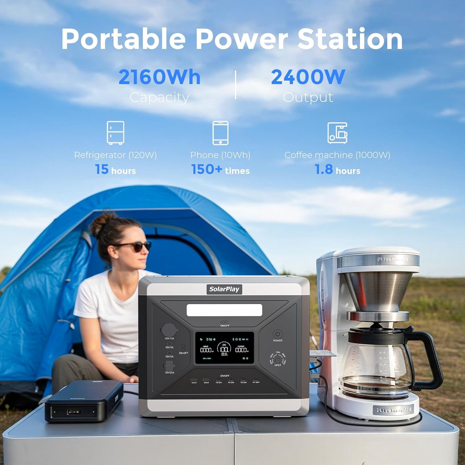 Clearance! Solarplay Q2501 Portable Power Station 2400W Peak 4800W, 2160Wh LiFePO4 Battery, 1.5H Fast Charging, 4 AC Outlets for Home & Outdoor Use