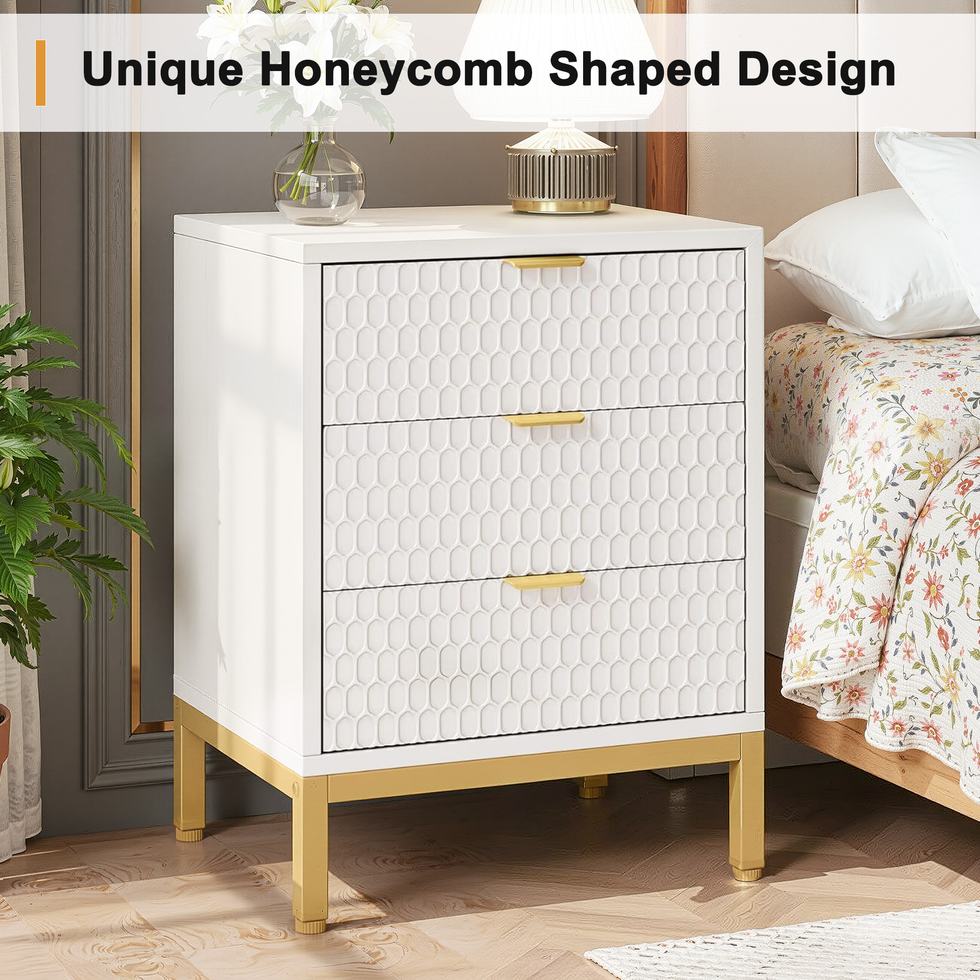 MAYEERTY Tall White Nightstand with 3 Glide Drawers, Honeycomb Hexagon Pattern & Gold Metal Base