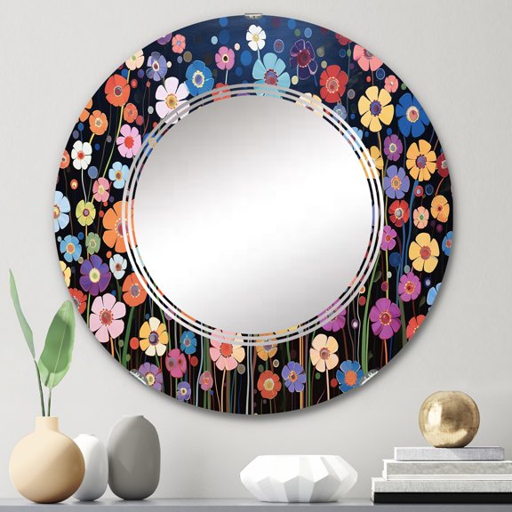 Designart "Kaleidoscope of Abstract Colorful Wildflowers" Floral Round Wall Mirror - Traditional Oval Printed Decorative Oversized Mirror - Multiple Color Options