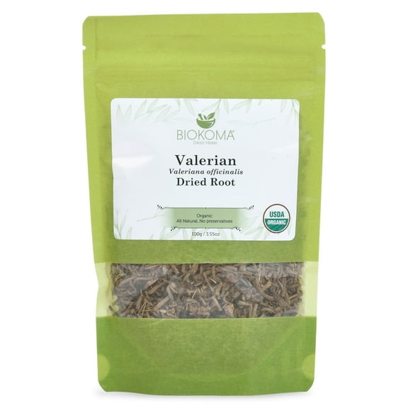 Biokoma Pure and Organic Valerian Dried Root 100g (3.55 oz) in Resealable Moisture Proof Pouch, USDA Certified Organic - Herbal Tea, No Additives, No Preservatives, No GMO, Kosher