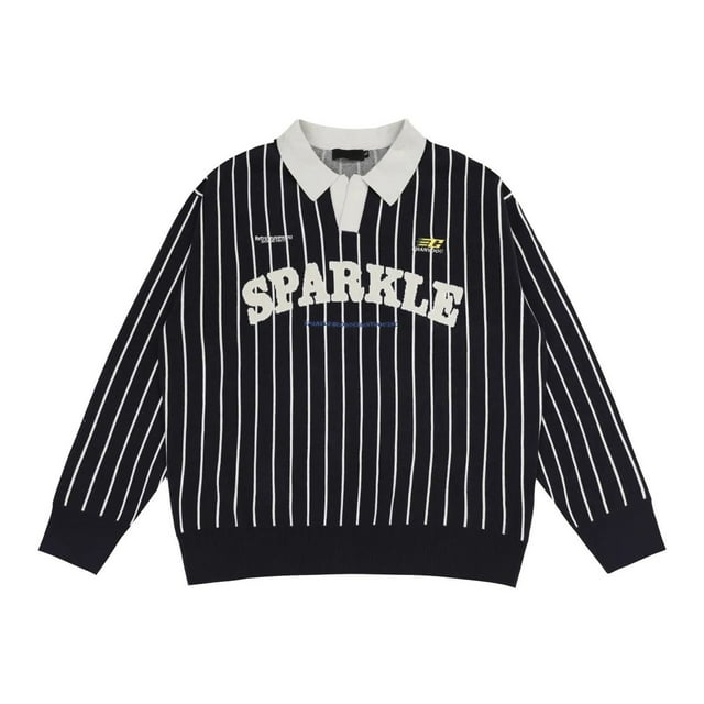 Chandail Rétro Américain style Sport de Rue Rayé Brodé pour couples Masculins, Veste en Tricot Col polo baseball Ample