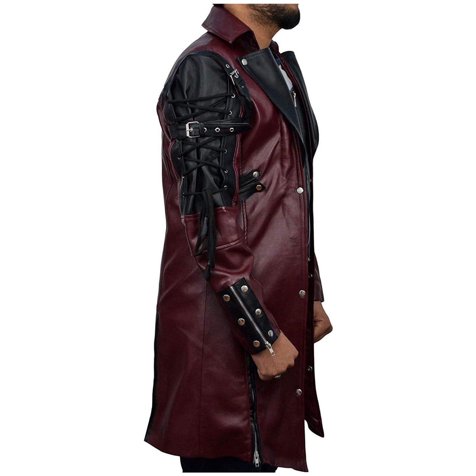 Nmnitkp Leather Jacket Men High Cost Performance Punk Rave Poison Black & Maroon Jacket Mens Faux Leather Goth Steampunk Military Coat Plus Size with Zipper Pockets
