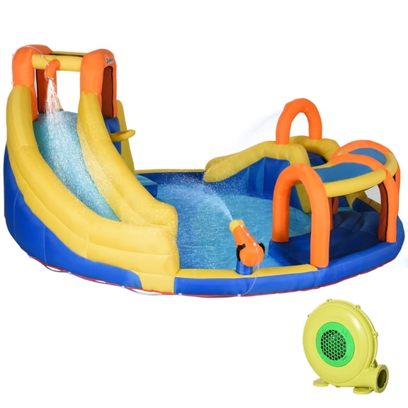 Outsunny 6-in-1 Inflatable Water Slide Kids Bounce House Jumping Castle Includes Slide Basket Pool Water Gun Climbing Wall Tunnel with Carry Bag, Repair Patches and 750W Air Blower
