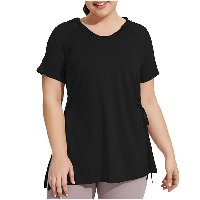 Hooded Workout Top for Women, Short Sleeve, Plus Size, Sun Protection, Breathable Polyester, Loose Fit, Black