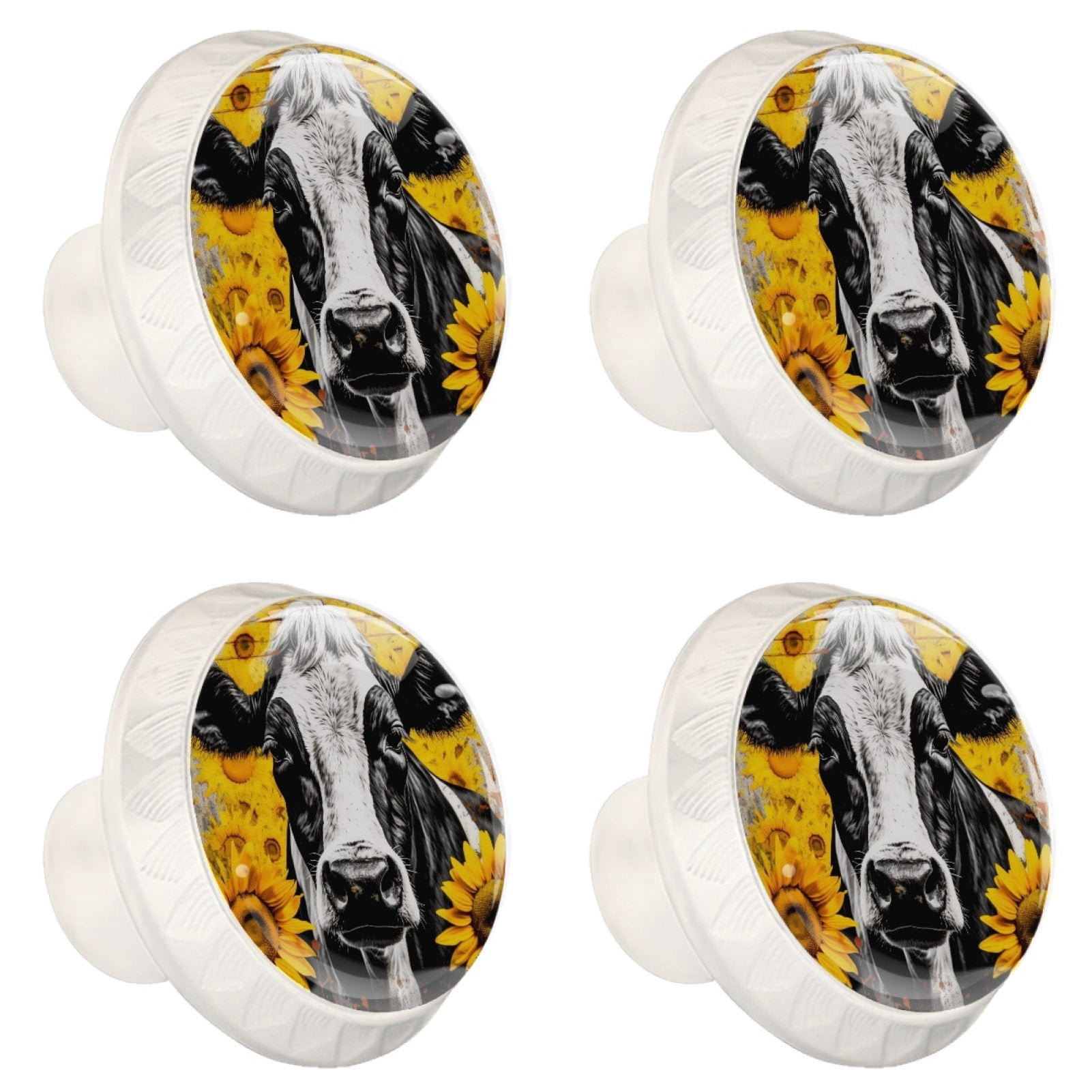 4 Pcs Cow and Sunflower Knobs for Kitchen Cabinet Cupboard Dresser Bookcase Drawer Pulls Handles Round Home Decor