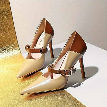 

Elegant Stiletto Heels for Women - Contrast Color Pointed Toe Buckle Strap Fashionable Dress Pumps for Formal Occasions Comfortable and Stylish High Heel Shoes with Slip-Resistant Soles