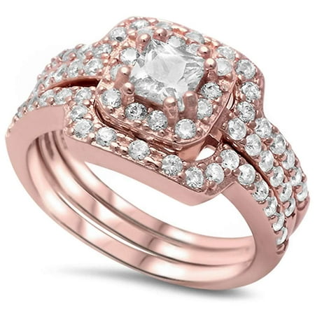 Oxford Diamond Co Rose Gold Plated Silver 3 Piece Cubic Zirconia Rose Gold Plated Silver 3 Piece Cubic Zirconia Ring Engagement Wedding Set Sizes 5 10