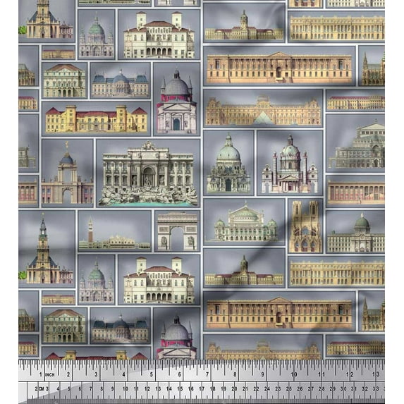 Soimoi Crepe Silk Fabric Monuments Patchwork Fabric Prints by Yard 42 Inch Wide