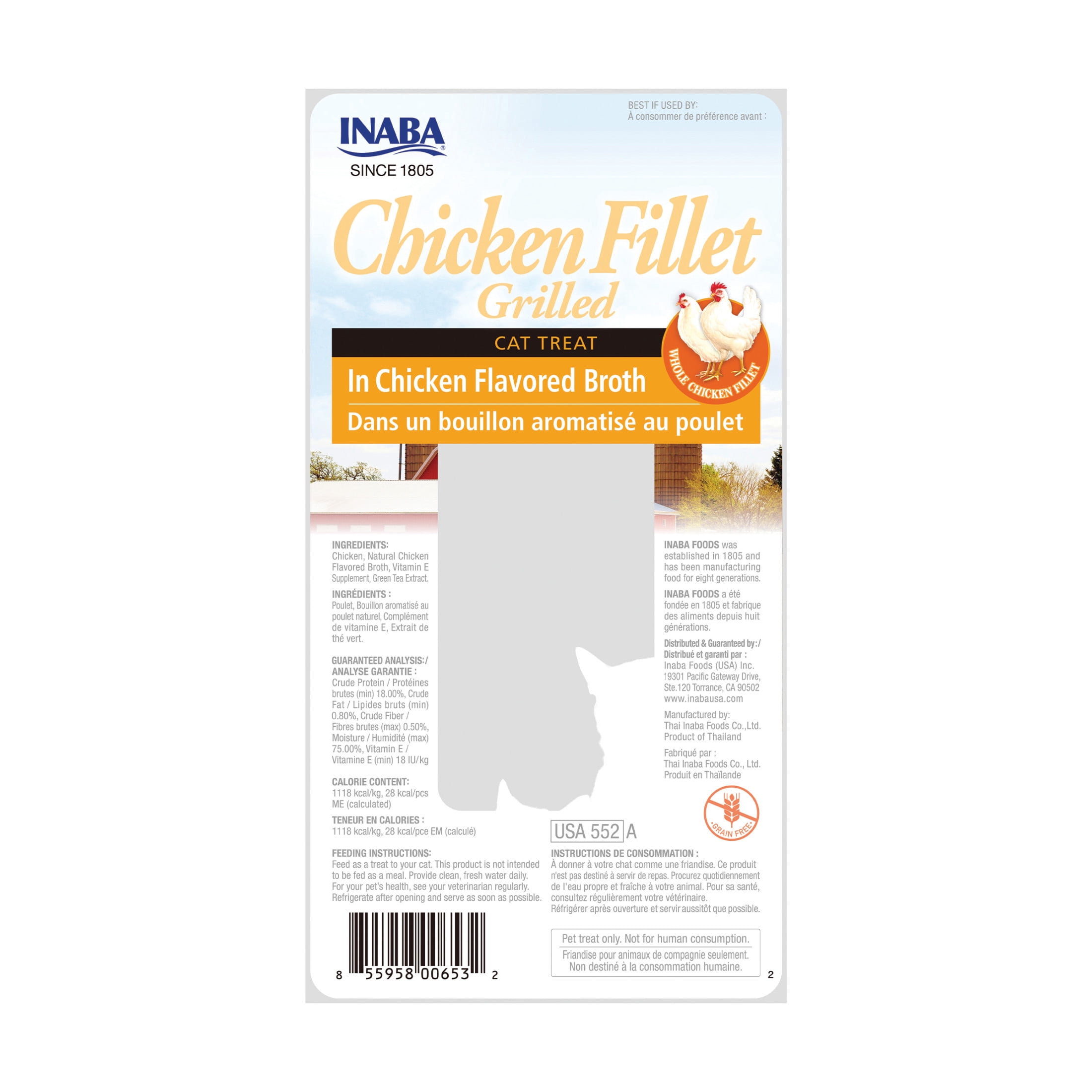 INABA Premium Hand-Cut Grilled Chicken Fillet Cat Treats w Vitamin E, 0.9 oz, 6-Pack, Chicken Broth