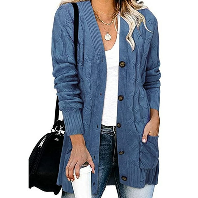 Fashnice Ladies Outwear Open Front Coat Long Sleeve Cardigan Sweater Loose Work Jacket Denim Blue L