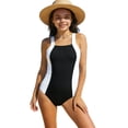 thumbnail image 2 of Mceream Girls Swimsuit One Piece Color Block Halter Neck Criss Cross Straps Ruched Summer Vacation Adjustable Straps Padded Beach Swimwear 7-16 Years, 2 of 8