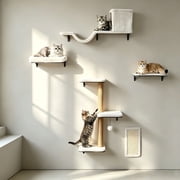 5-in-1 Wall Mounted Cat Shelves, Multi-Level Climbing Perch Lounge, Space-Saving Indoor Furniture, Natural Wood-White