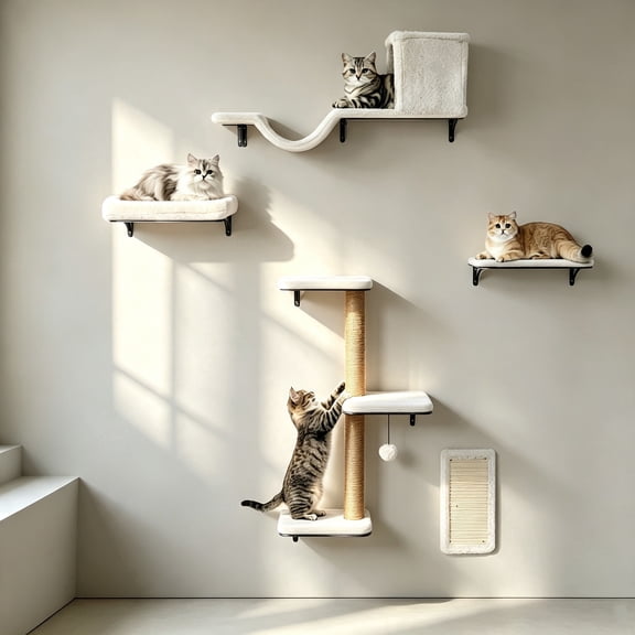 5-in-1 Wall Mounted Cat Shelves, Multi-Level Climbing Perch Lounge, Space-Saving Indoor Furniture, Natural Wood-White