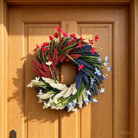 Patriotic Wreath, Artificial Wheat Patriotic Wreath 18 Inch for Front Door, American Flag Red White Blue Memorial Day Summer Holiday Decor