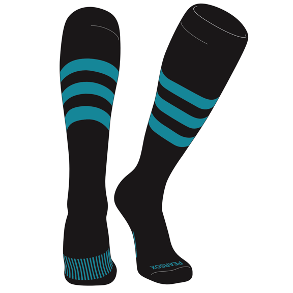 PEAR SOX Striped OTC Baseball, Softball, Football Socks (A) Black, Marlin Teal (XS)