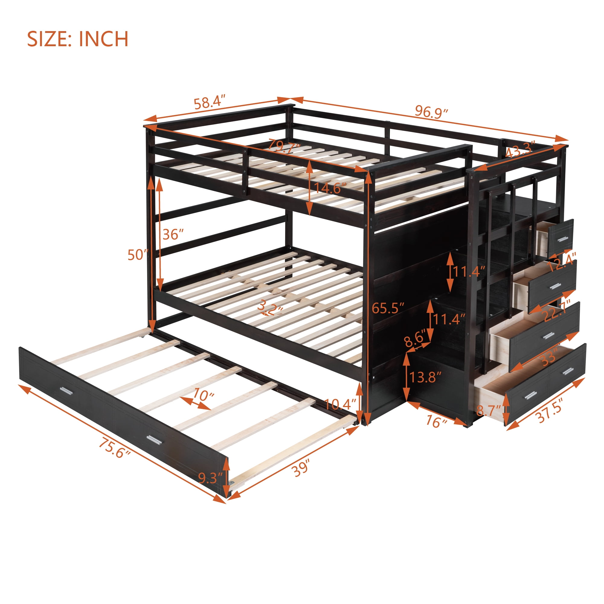 Aukfa Full over Full Bunk Bed with Trundle and Staircase, Wood Bunk Bed with 4 Storage Drawers for Kids, Teens - Espresso