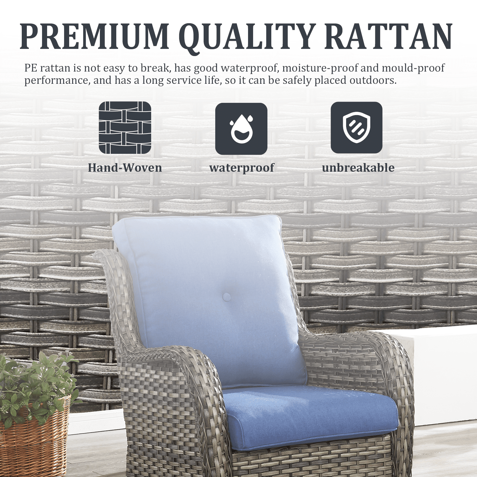 POCASSY 7-Piece Wicker Patio Furniture Set with Sofa, Swivel Chairs, and Tables, Gray/Blue