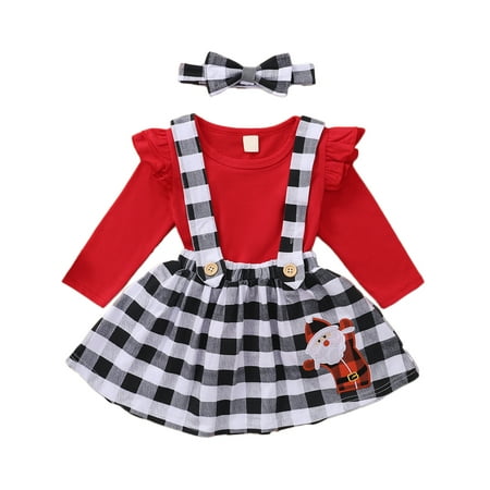 

Fiomva Baby Christmas Top Santa Claus Embroidered Suspender Skirt and Headband