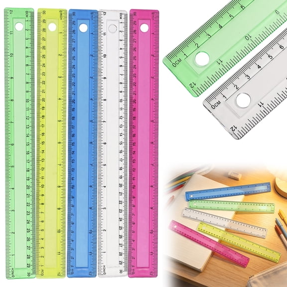 5 Pack Colored Plastic Rulers, 12 Inch 30 cm with Holes, Random Colors, Straight Measuring Set for Office and Home