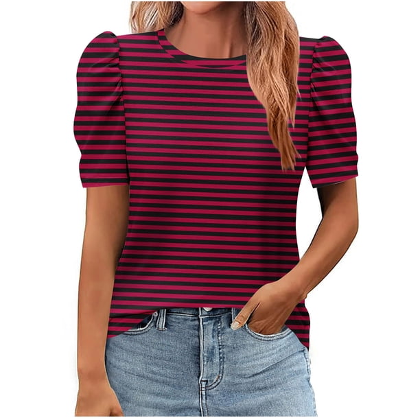 Tops de Manga Corta para las Mujeres Suelto Ajuste Impreso Cuello Redondo Camiseta Suelta Superior, Poliéster Verano Primavera