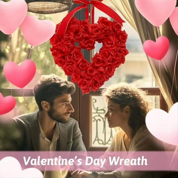 Guirnalda Floral Colgante para Decoración del Día de San Valentín, 40 cm, Guirnalda de Flores Rojas con Pajarita Decorativa para la Entrada