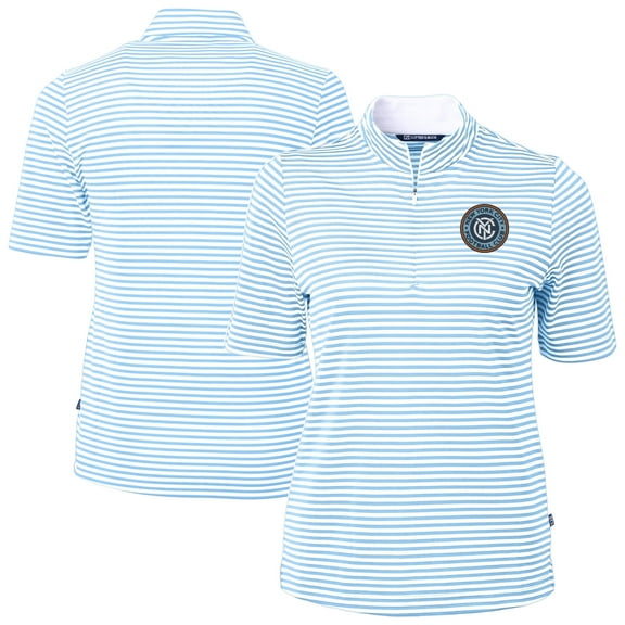 Women's-Cutter & Buck  Powder Blue New York City FC Virtue Eco Pique Stripe Recycled Quarter-Zip Top
