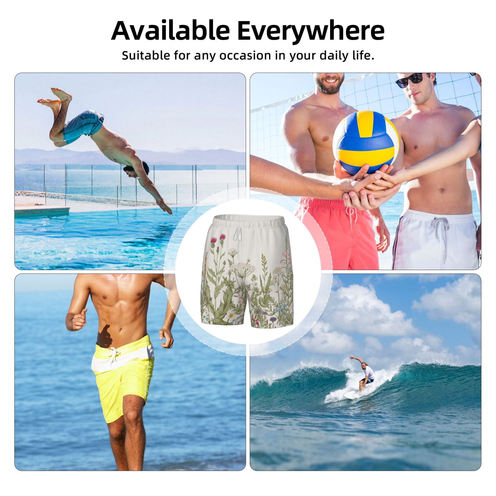 Xecao Herbs and Wildflowers for Men's Swimming Trunks Swim Trunks Quick Dry Swim Shorts with Mesh Lining Funny Swimwear Bathing Suits