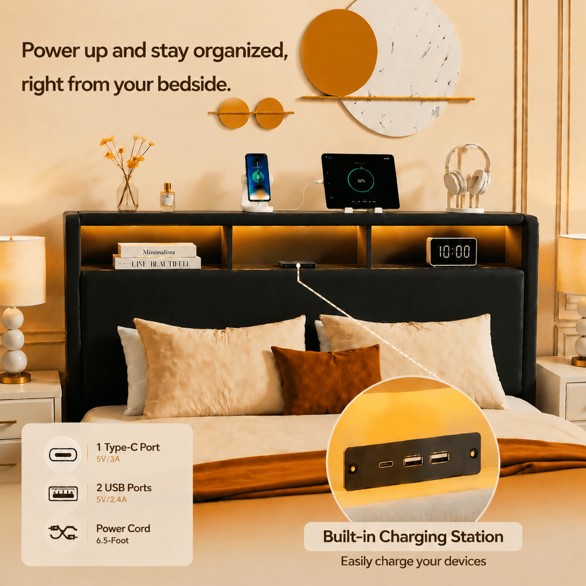 Leumius Queen Size Bed Frame,Upholstered Platform Bed Frame with LED & Charging Station,Drawers and Storage Headboard,Noise-Free, No Box Spring Needed,Black(Queen)