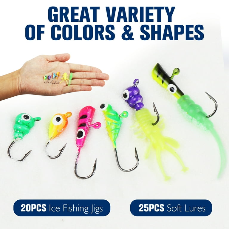 crappie lures ice fishing Jigs Set, 50Pcs Jig Heads for Ice Fishing Lure for Trout Perch Sunfish Panfish Walleye Pike : Sports & Outdoors sharp high carbon hooks for better penetration Features highly detailed paint and Ice Fishing Lure Kit Glowing