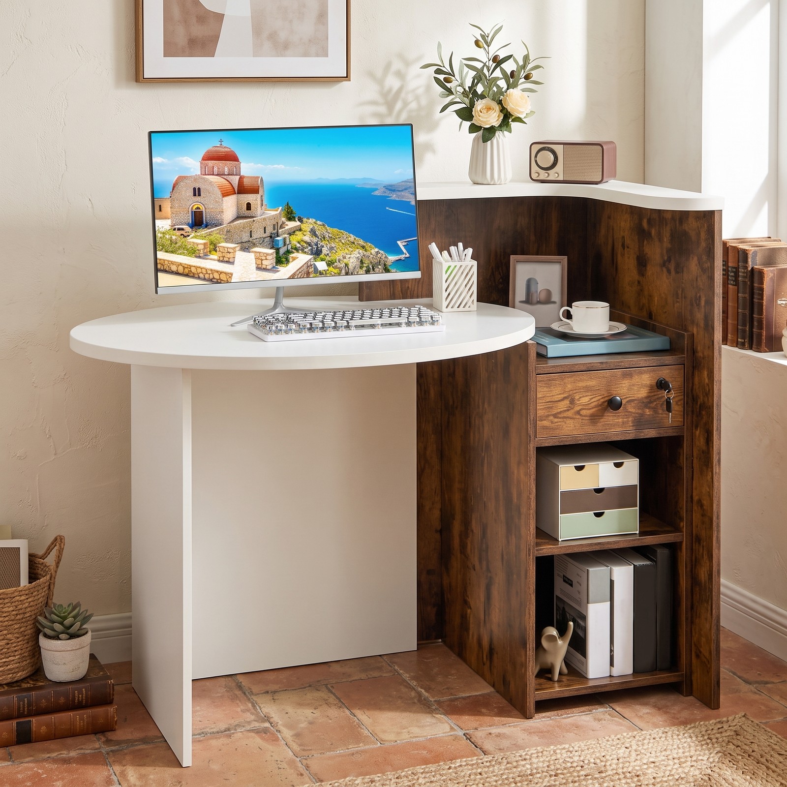 Furnibear Reception Office Desk, L-Shaped Front Desk Reception Counter with Lockable Drawer, Adjustable Open Shelf and Bottom Storage for Office, Rustic Brown & White