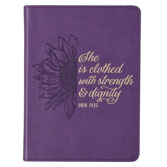 Christian Art Gifts Vegan Leather Small Journal Inspirational Scripture Women's Sunflower Notebook Strength & Dignity Bible Verse Proverbs 31:25, 240 Ruled Pages, Lavender Purple