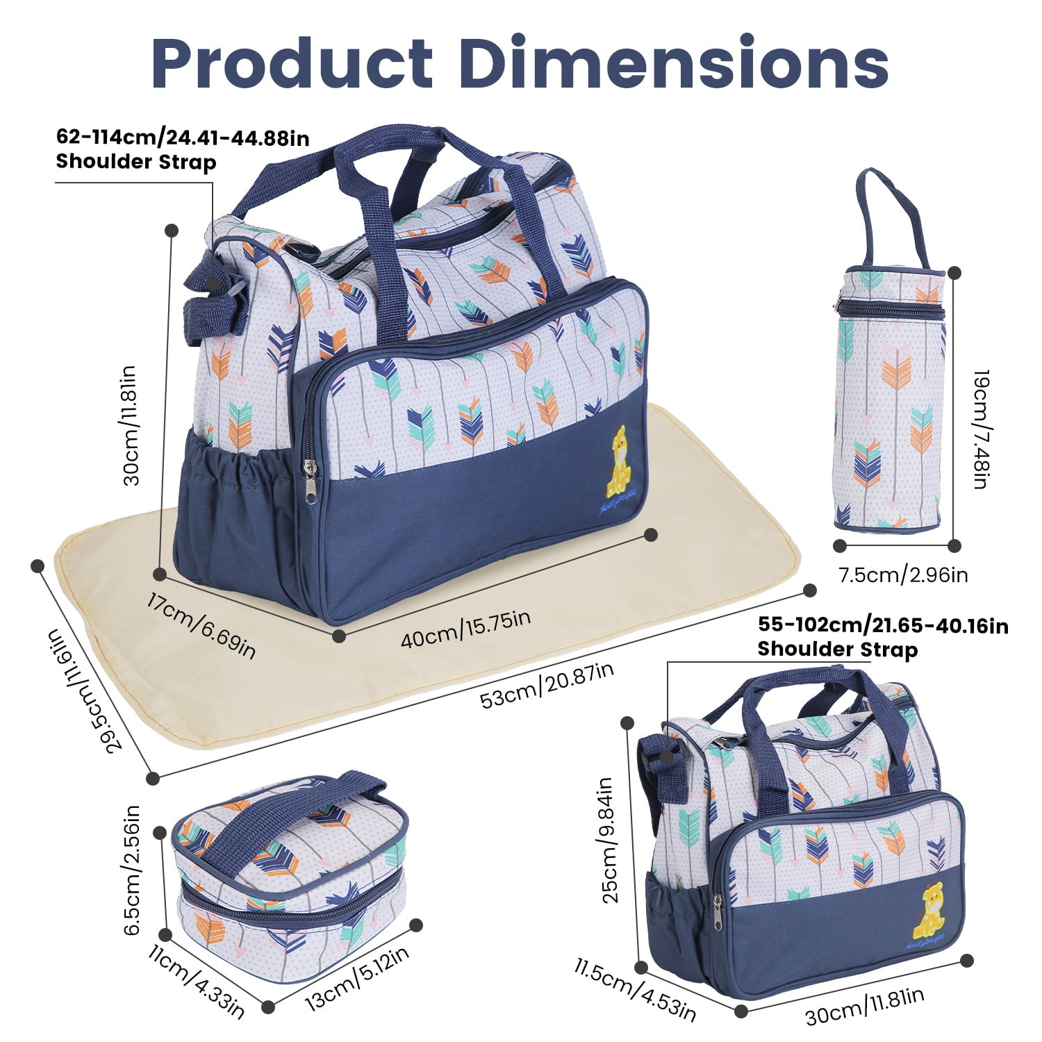 Imountek 5Pcs Baby Diaper Bag Set Multi-Pocket Travel Tote Bags with Diaper Pad Food Bag Bottle Bag for Mom Dad, Dark Blue