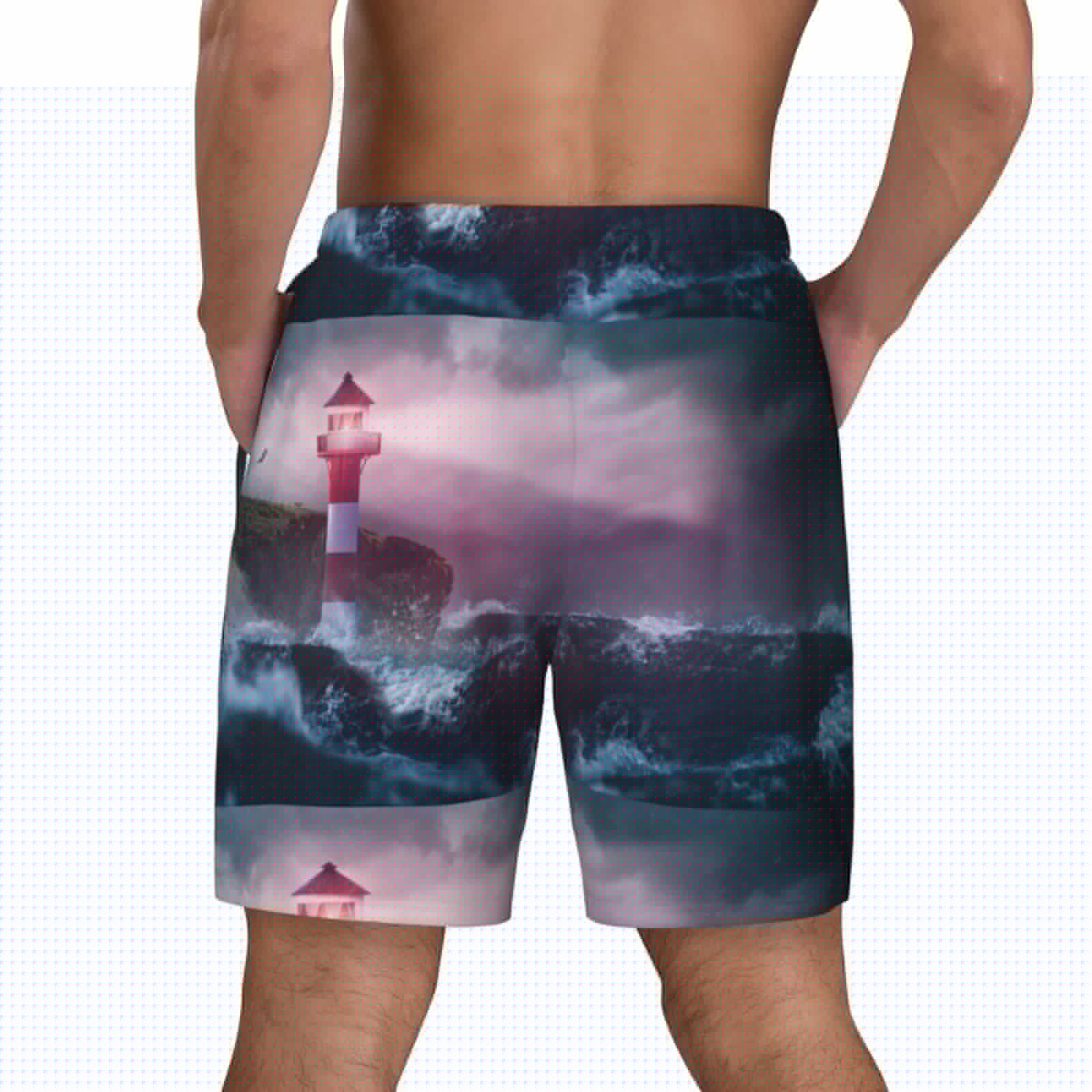 thumbnail image 4 of Uemuo lighthouse Waves Torrential Rain Pattern Mens Swim Trunks Quick Dry Board Shorts with Mesh Lining, Stretch Beach Shorts Quick Dry No-Chafing Board Shorts-, 4 of 9