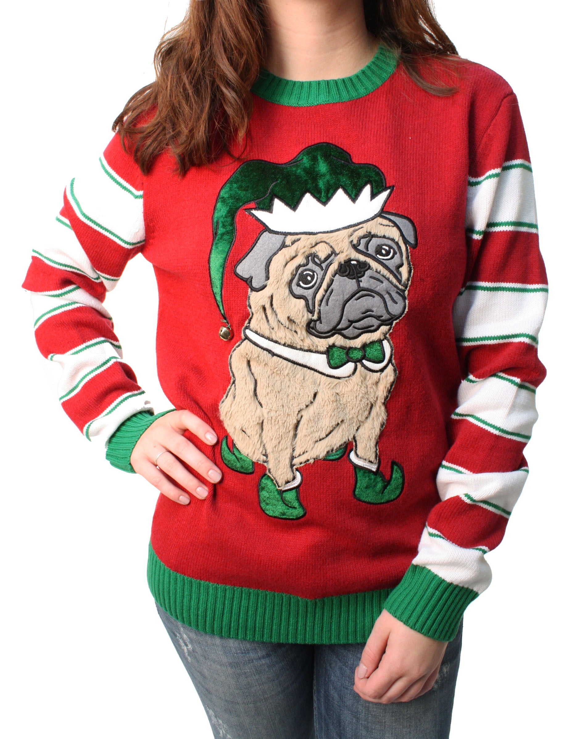 Ugly Christmas Sweater - Ugly Christmas Sweater Plus Size Women's 3D Party Pug Elf Hat With Bell 