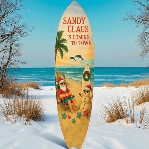 JennyGems Sandy Claus Christmas Surfboard Wall Art – Outdoor PVC Holiday Wall Decor with Santa Snowman Dolphins, Beachy Christmas Porch or Coastal Yard Decoration (5 Foot)