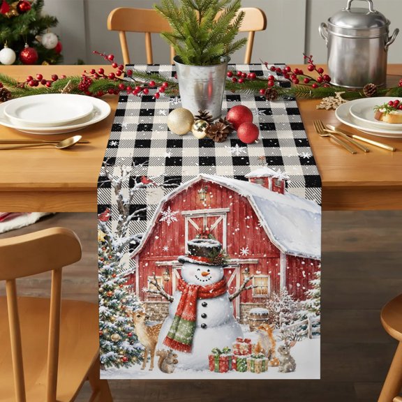 Table Runner 36 Inches Long - Christmas Tree Cute Snowman Decorative Table Scarf, Farm Red Barn Black Plaid Dining Table Runners for Wedding Party Kitchen Dining Tables