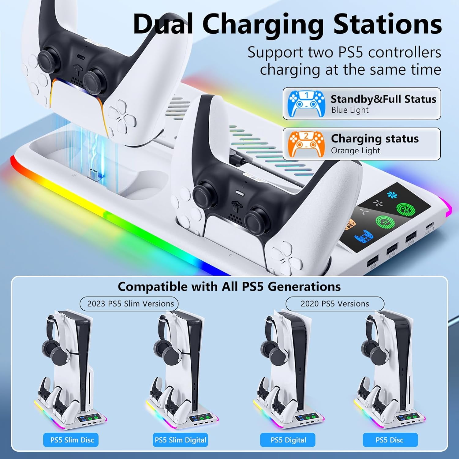 PS5/Slim Cooling & Charging Station,PS5/Slim Stand for Disc & Digital Console,PS5 Controller Charger,PS5 Slim Accessories with 3 Charging Ports, Cooling Fan, Headset Holder